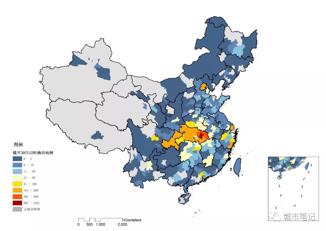 全国确诊病例分布图(截止到1月30日12时)