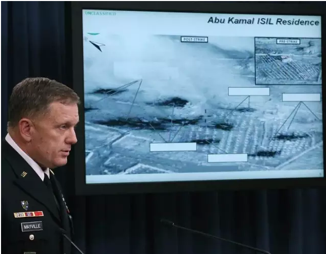 （美国中将 William Mayville 介绍对 IS 的空袭行动 | 图片来源：.express.co）