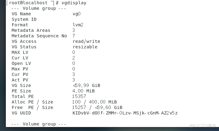 rootßlocalhost # 
Volume group 
VG Name 
System ID 
Fo rmat 
Metadata Areas 
Metadata Sequence 
VG Access 
VG Status 
MAX LV 
cur LV 
Open LV 
max Pv 
cur PV 
Act PV 
VG size 
PE size 
Total PE 
Alloc PE / 
Free PE / 
VG UUID 
Vol ume 
Size 
Size 
group - 
vgdisplay 
No 
read/write 
resizable 
s-sg.gg 
4.00 
15357 
100 / 400.00 Mia 
1S2S7 / 69.60 GiB 
KIDvbV. d08f. zmmr. OLzv. msjk- ccnw AZ2v5z 
