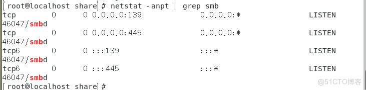 i root810cathost 
tcp 
46047 smbd 
tcp 
4604? smbd 
t cp6 
46047/ smbd 
tcp6 
46047/ smbd 
I root$localhost 
share] g 
netstat 
o o.o.o.o:13g 
o o.o.o.o:445 
..:139 
sharel # 
- anpt 
grep smb 
o.o.o.o 
o.o.o.o 
LISTEN 
LISTEN 
LISTEN 
LISTEN 