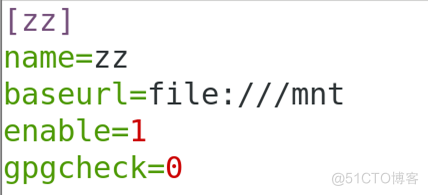 [zz] 
name=zz 
baseurl=file:///mnt 
enable—I 
gpgcheck=O 