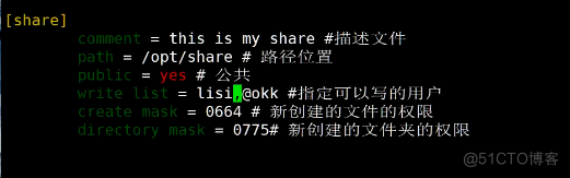 [ share) 
this is share # 描 述 文 件 
。 /opt/share # 路 位 置 
# 公 共 
ti kk # 指 定 可 以 弓 用 户 
= 0664 # 新 fr 刂 建 的 文 件 的 杖 
” 75 # 莉 创 建 的 文 件 的 权 限 