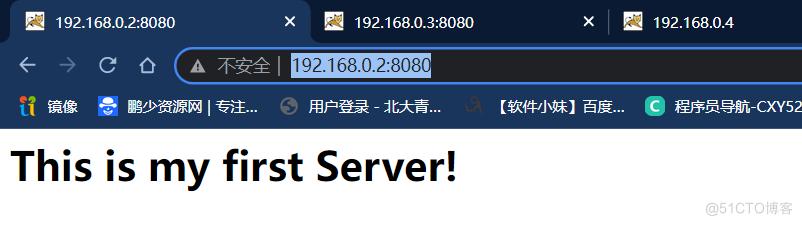 192.168.0.2:8080 
x 192.168.0.3•8080 
192.16804 
E*.N.9WCXY5 
This is my first Server! 