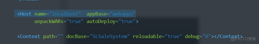 (Host name:" localhost' 
unpackWARs= " t rue " 
<Context path-"" 
appBase= "webapps ' 
autoDep10y=" t rue " > 
debug: "e" x/ Context > 