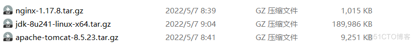 nginx-1.17.8.tar.gz 
jdk-8u241-lİnux-x64.tar.gz 
apache-tomcat-B.5.23.tar.gz 
2022/5/7 8:39 
2022/5/7 9:04 
2022/5/7 8:41 
GZ 
1,015 
189,986 KB 
9,251 KB 