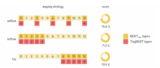 基于不同的层映射策略情况：图中展示了基于GLUE数据集的性能比较结果