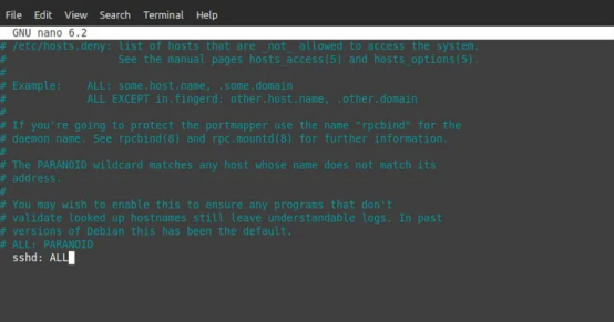 图6：打开并修改hosts.deny配置文件，拒绝所有不属于允许IP地址范围的其他SSH连接