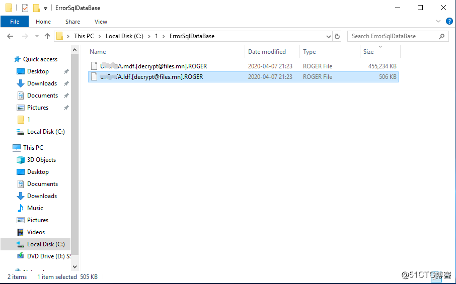 SQL Server数据库mdf文件中了勒索病毒[decrypt@files.mn].ROGER