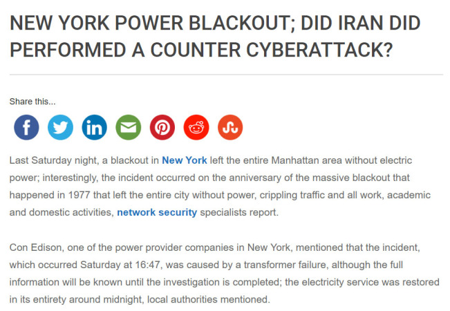 传曼哈顿停电因为伊朗破坏信息站 回复：继电保护系统失灵