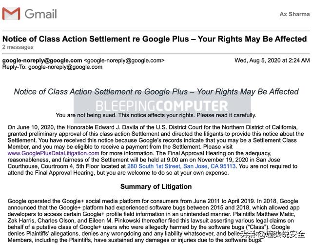 谷歌因泄露5250万用户信息遭集体诉讼，将面临750万美元的罚款
