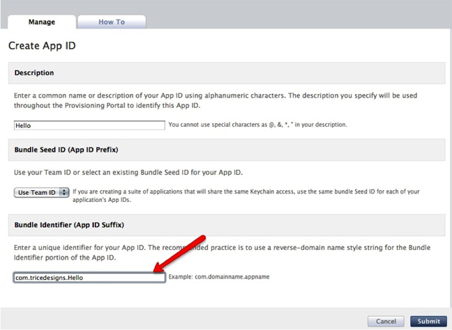 图5. 在Apple Provisioning Portal中指定包标识（bundle identifier） 