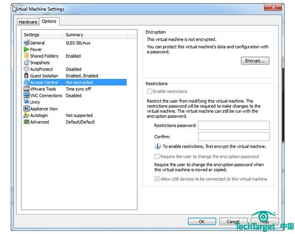 图1. VMware Workstation访问控制链接用于配置虚拟机的加密及限制选项