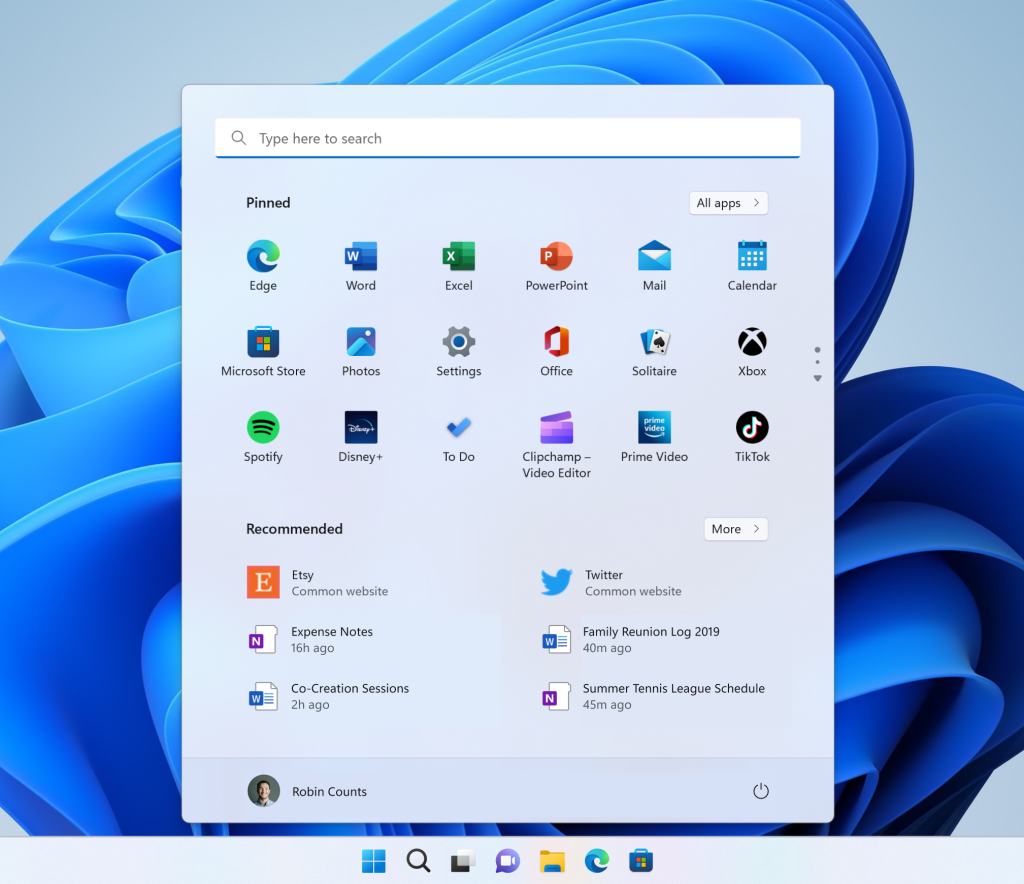 The Start menu showing websites under the Recommended section.
