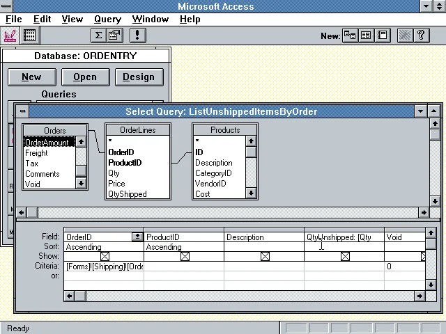 1992 年的 Microsoft Access 1.1，带有可视化查询编辑器和表单生成器