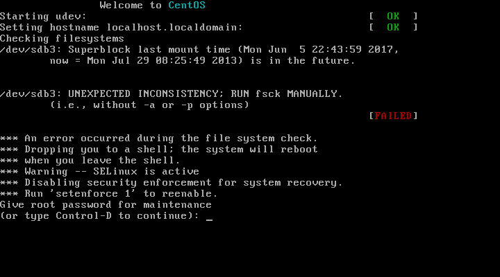 CentOS 6.4断电后启动出现：unexpected inconsistency run fsck manully 解决方法